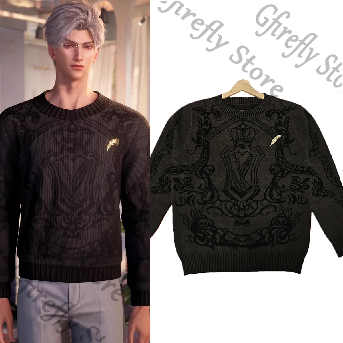 

Knitwear Love and Deepspace Cosplay Clothes Anime Sweater Sylus Hoodie Round Collar Black Brooch High Quality Colleagues
