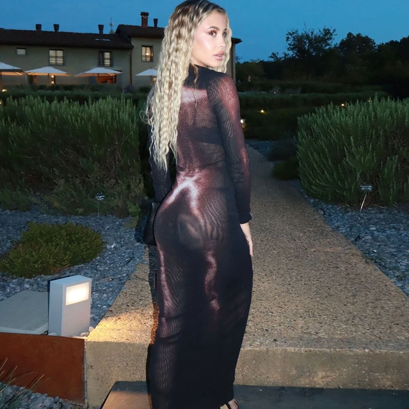 STYLISH LADY Printed Maxi Dress 2025 Autumn Women Long Sleeve Diagonal Collar Bodycon Sexy Club Party See Through Mesh Dresses