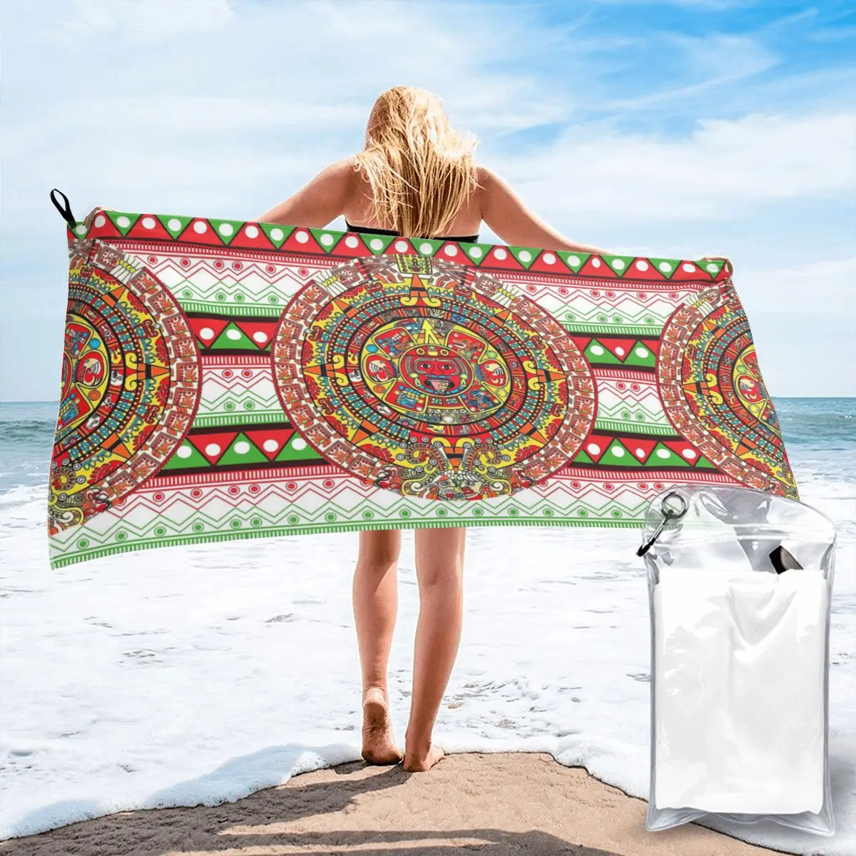 Mayan Aztec Calendar Mexican Flag Beach Towel Soft Microfiber Quick Dry Absorbent Quick Towels For Pool