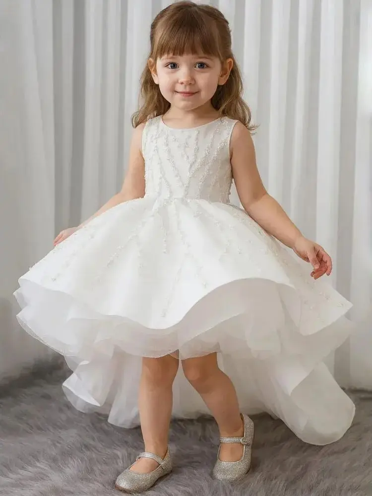 

Custom White Flower Girl Dress Wedding Appliqué Satin Bow Elegant First Communion Party Birthday Dress