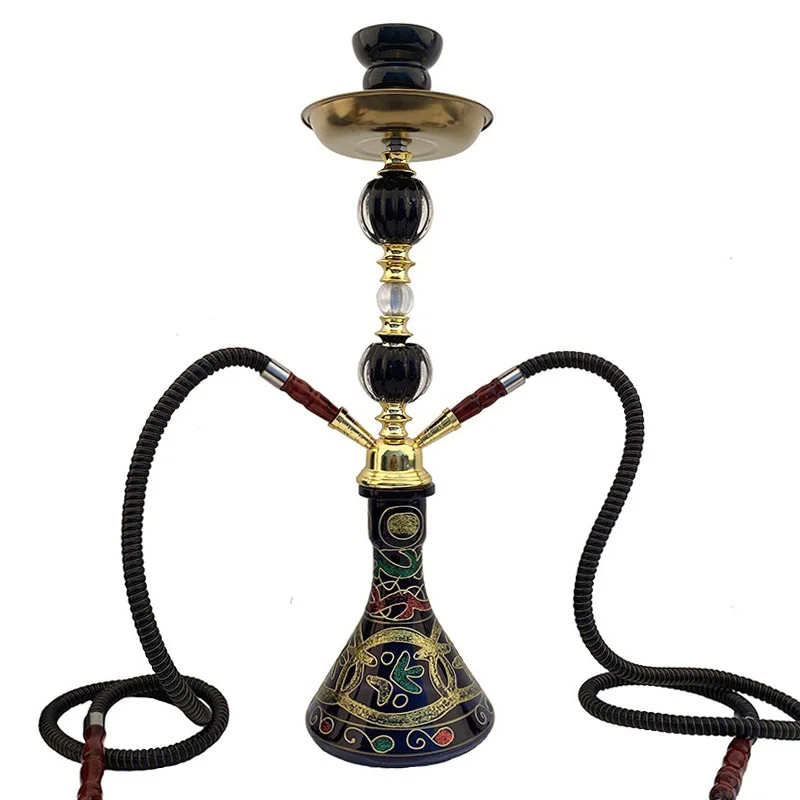 Vintage Painted Arabic Hookah Set 2 Hoses Complete Shisha Narguile Chicha Water Pipe for Home Party Bar Lounge Smoking Kit