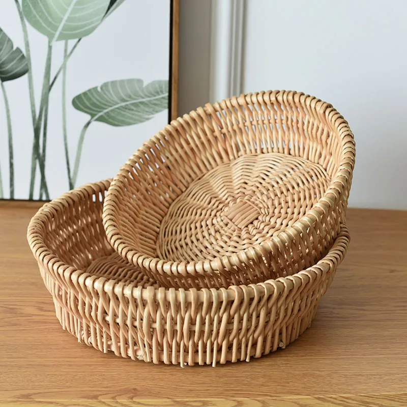 20/25/30cm Rattan Fruit Basket Sundry Storage Basket Hand-Woven Storage Box Food Breakfast Display Box Kitchen Storage Supplies