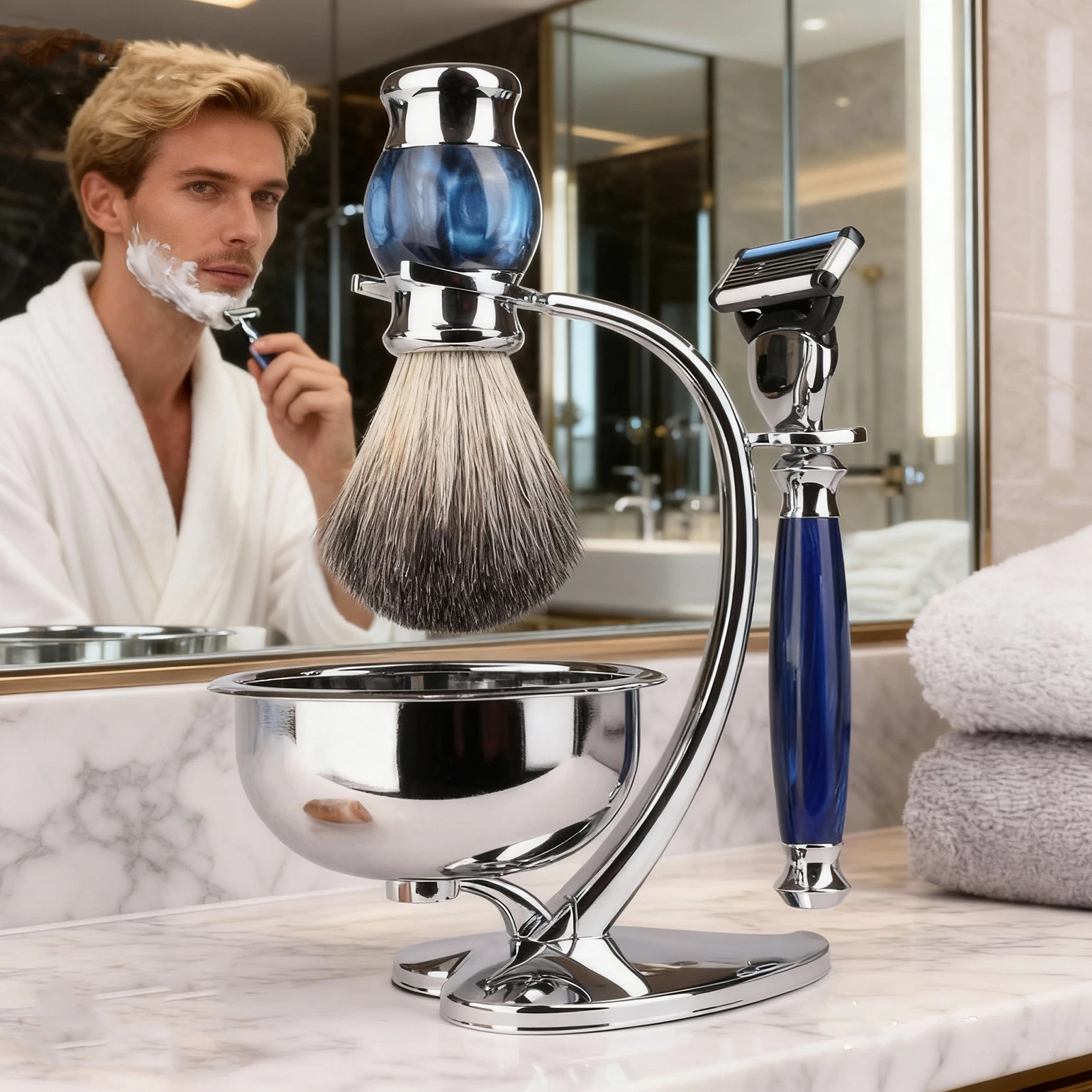 

iRAZOR Men's Shaving Kit with 3-Layer Mach 3 Razor Badger Hair Brush Heart Shape Stand - Barber Gift Set in Gift Box for Holiday