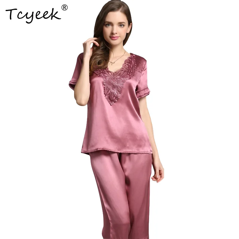 

Tcyeek 16mm 100%Real Silk Home Sets For Women's Lace Summer Pajamas Spring Autumn Casual Short Sleeve Two Piece Set S38099QM