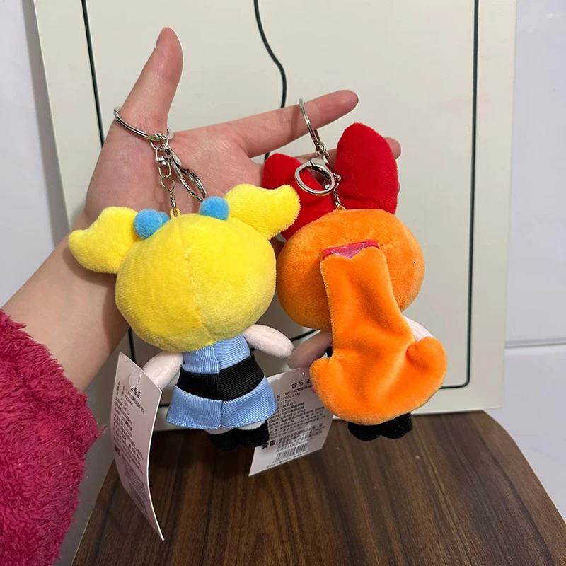 Echter 12–13 cm Powerpuff Girls 2-1 Plüsch-Schlüsselanhänger, Blasen, Butterblumen-Puppen-Anhänger, süßes Mädchen, Herz, Tasche, hängende Dekoration, Moe