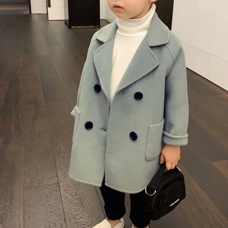 مزيج الصوف الأزرق الداكن الأطفال نمط طويل دعوى معطف الصوف الزفاف زهرة فتاة اللباس سترة