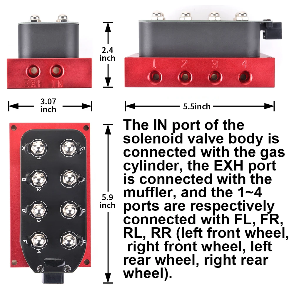 Universal Red-Black 4-ways solenoid valve Air ride suspension Manifold Solenoid valve  (0-300psi) accuair VU4 style