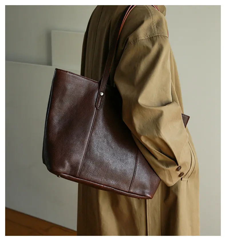 PNDME einfache, handgefertigte Vintage-Tasche aus echtem Leder, große Kapazität, Damen-Handtasche, Freizeitmode, Einkaufstasche aus Rindsleder, Schultertasche – Detail 18