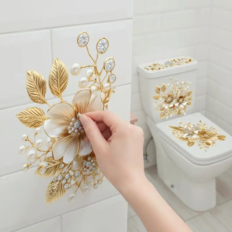 Luxury Diamond-Encrusted Gold Floral Toilet Decorative Sticker Self-Adhesive Waterproof And Durable