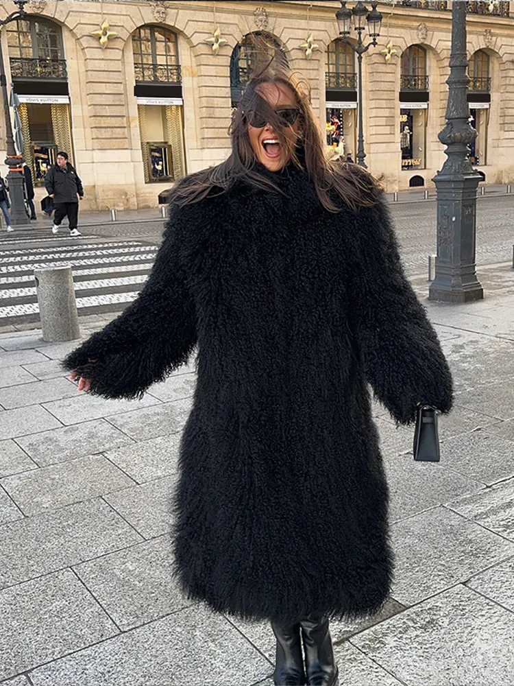 Winter Women Black Faux Fur Long Coat Fashion Lapel Long Sleeves Thickened Warm Plush Overcoat 2024 Lady High Street Outerwear