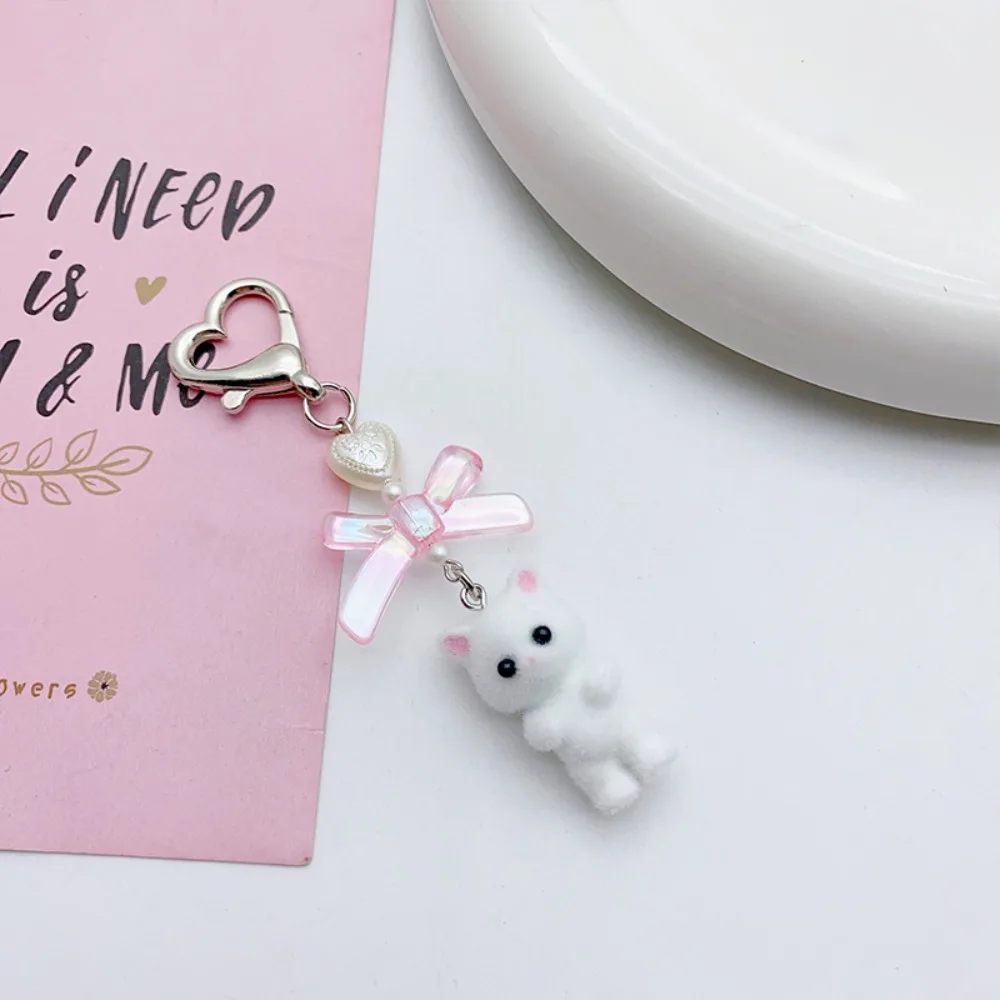 Cute Fuzzy Kitty Cat Heart Bow Keychain for Women Plush Bear Kitten Doll Kawaii Bow Pearl Heart Keyring Backpack Bag Pendant