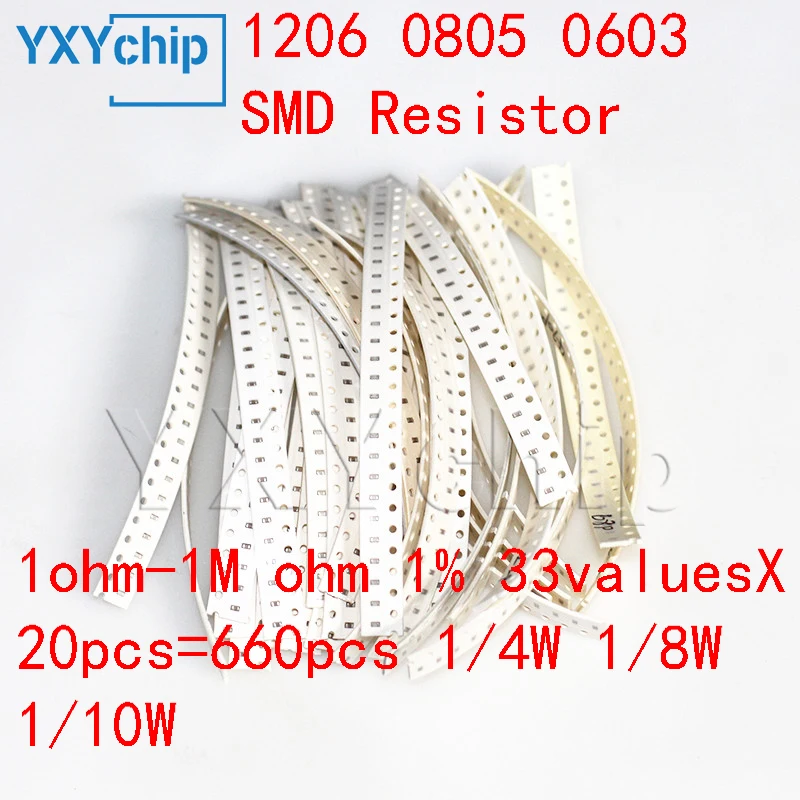 1206 0805 0603 SMD Resistor Kit Assorted Kit 1ohm-1M ohm 1% 33valuesX 20pcs=660pcs 1/4W 1/8W 1/10W Resistor Kit