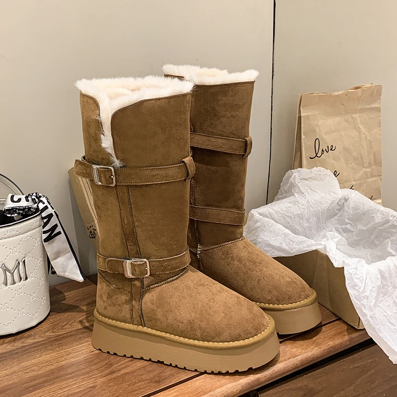 5CM vendita calda scarpe da donna stivali con fibbia per cintura da donna nuovo inverno punta tonda in peluche in pile per il calore stivali da neve piatti a tubo alto solido