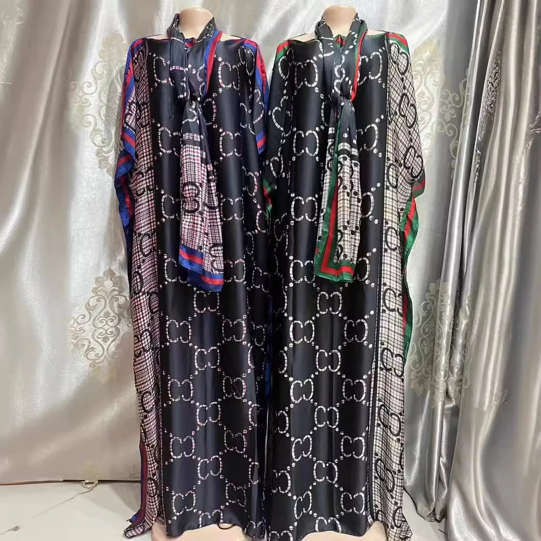 여성용 실크 같은 프린트 롱 드레스와 어울리는 헤드 스카프 - 우아한 O 넥 플로위 파티 드레스