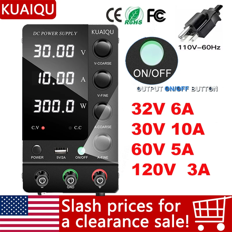 

KUAIQU Adjustable Switching DC Power Supply 30V 10A 6A Lab Bench Power Supply 60V 5A 120V 3A Output Preset Current Ship from US
