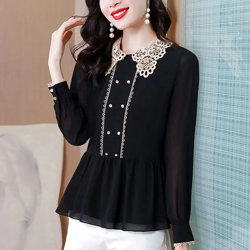 Elegant Lace Spliced Turn-down Collar Shirt Spring Autumn New Long Sleeve Female Clothing Fashion Solid Color Button Slim Blouse