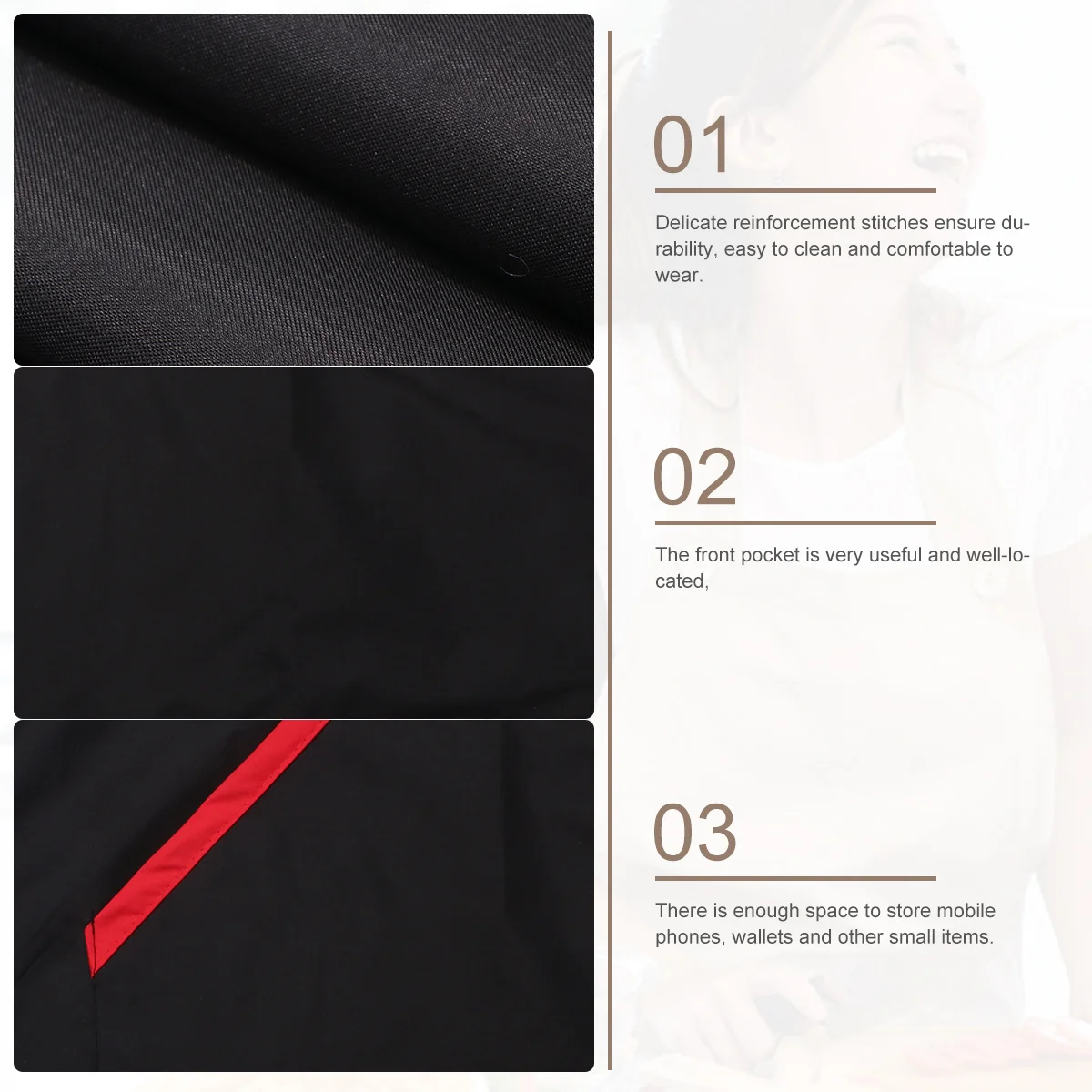 

1Pcs Waterproof Kitchen Apron Black Color Blocking Adjustable Waist Tie Front Pockets Oilproof Cooking Apron Lightweight Unisex