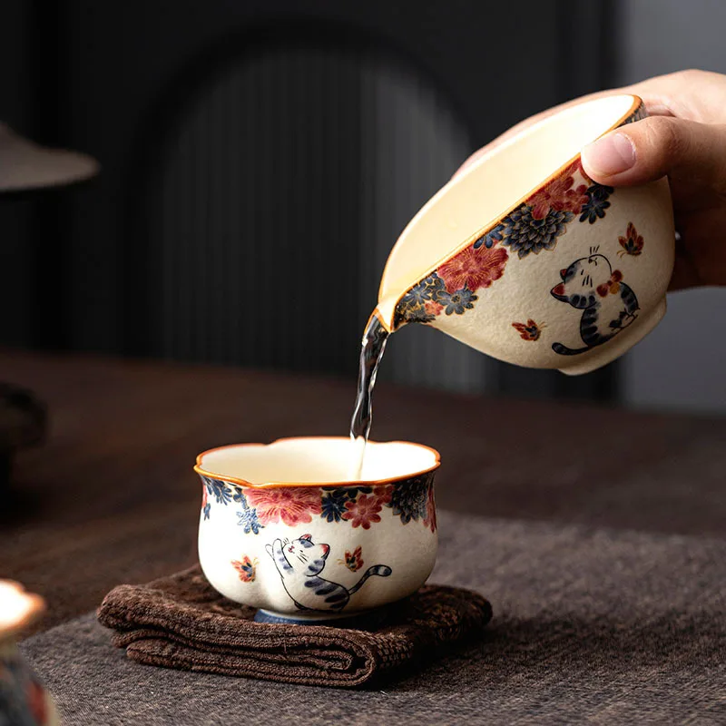 Handmade Rock Ore White Cat Tea Cup Master Porcelain Tasting Cup Kung Fu Tea Set Home Office Gift Box