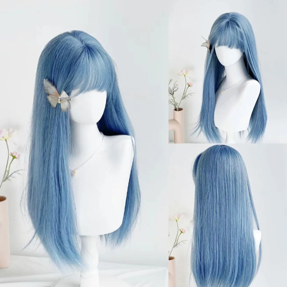 

Ashely Wig for Women Blue Wigs with Bangs Long Straight Hair 24inch Cosplay Natural Headband Synthetic Wig 가발 Pelucas