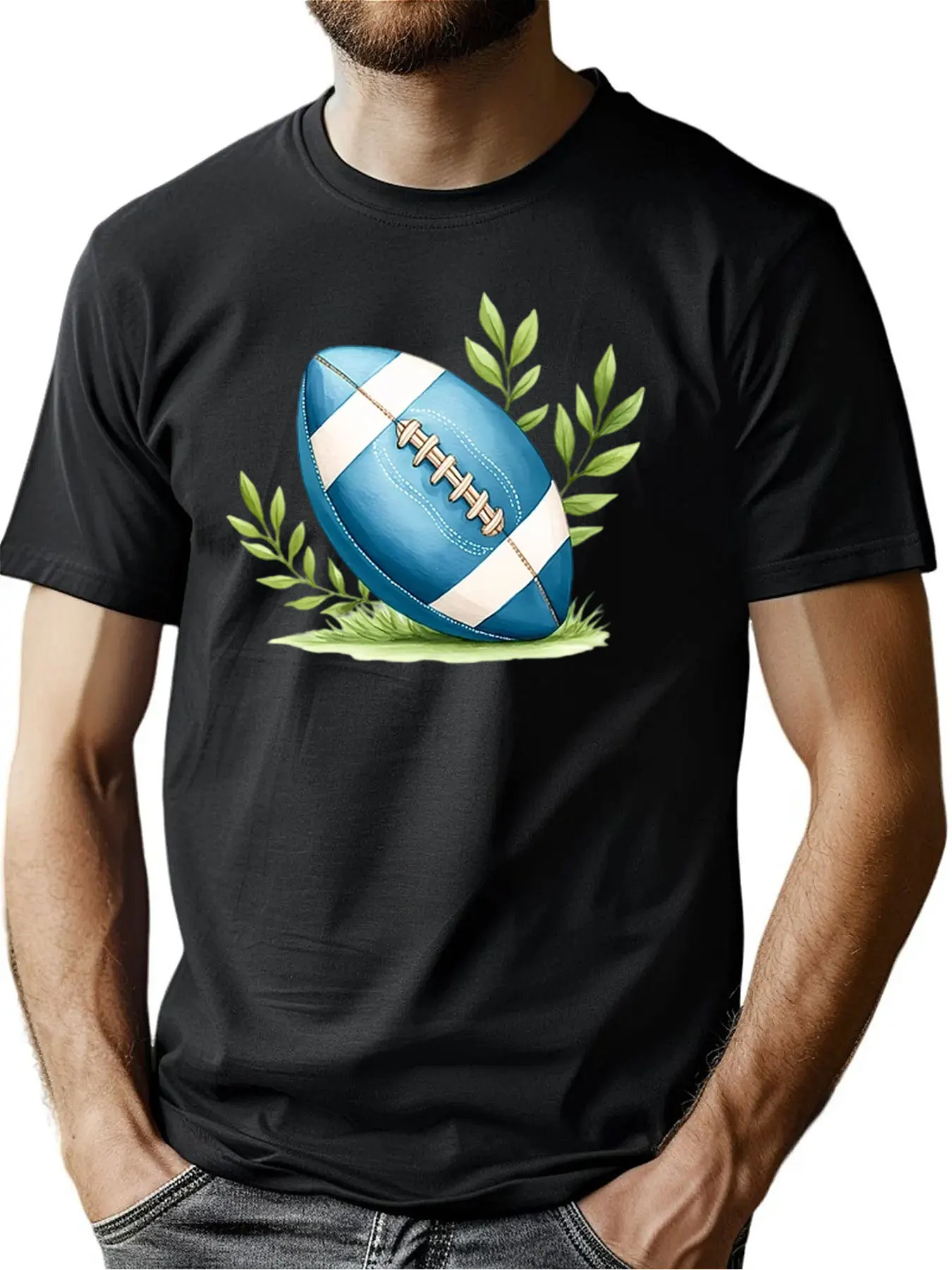 

Men's 100% Cotton Soft Football With Foliage Graphic Print Round Neck Tee For Christmas Gift Outdoor Activities