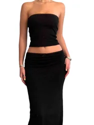 Tweedelige Rok Set Voor Vrouwen Sexy Strapless Crop Top En Lage Maxi Rok Co-Ord Sets Y 2K Esthetische Zomerkleding