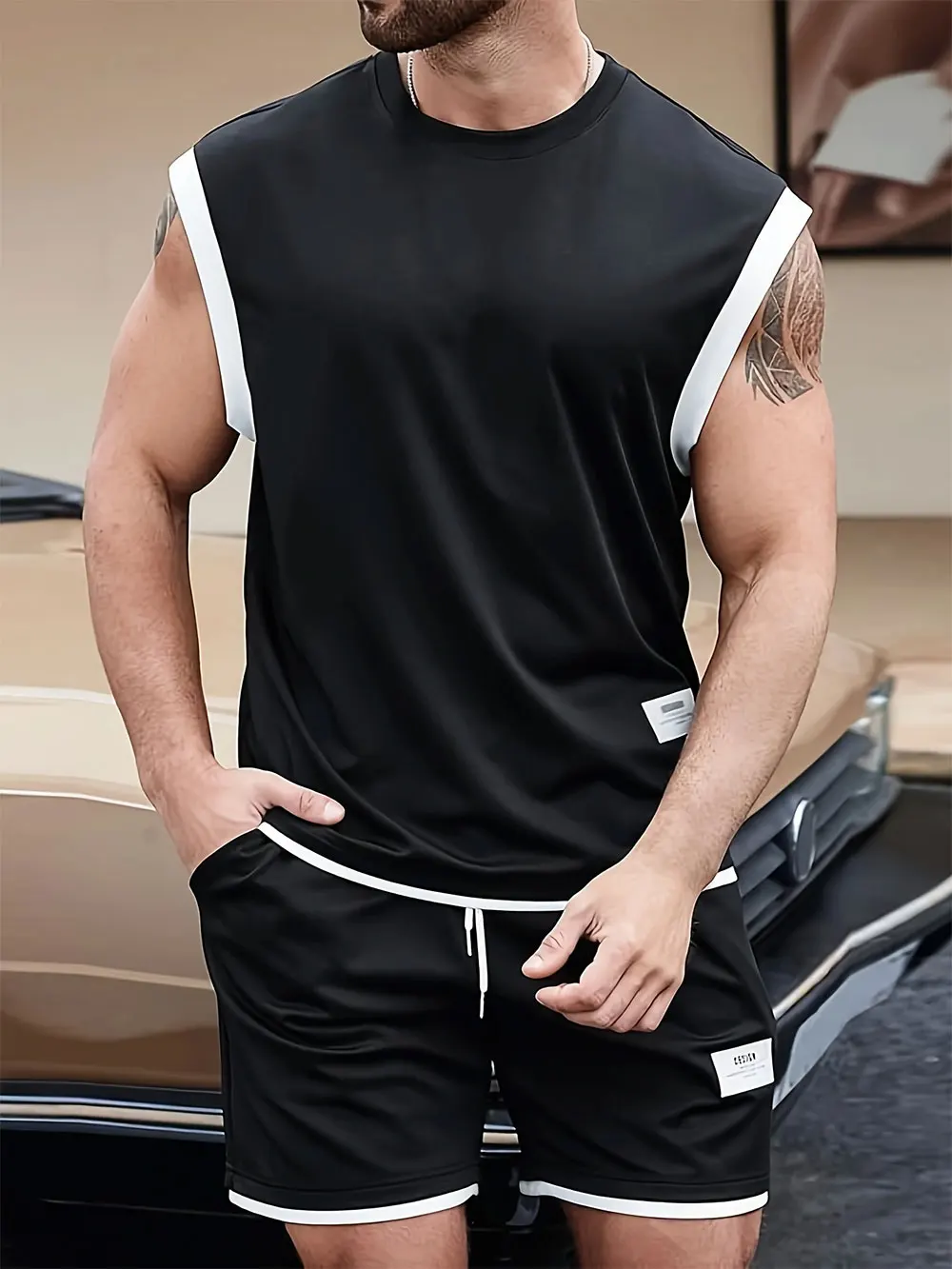 Men's Casual Pocket Contrast Trim Tank & Shorts 2Pcs Set