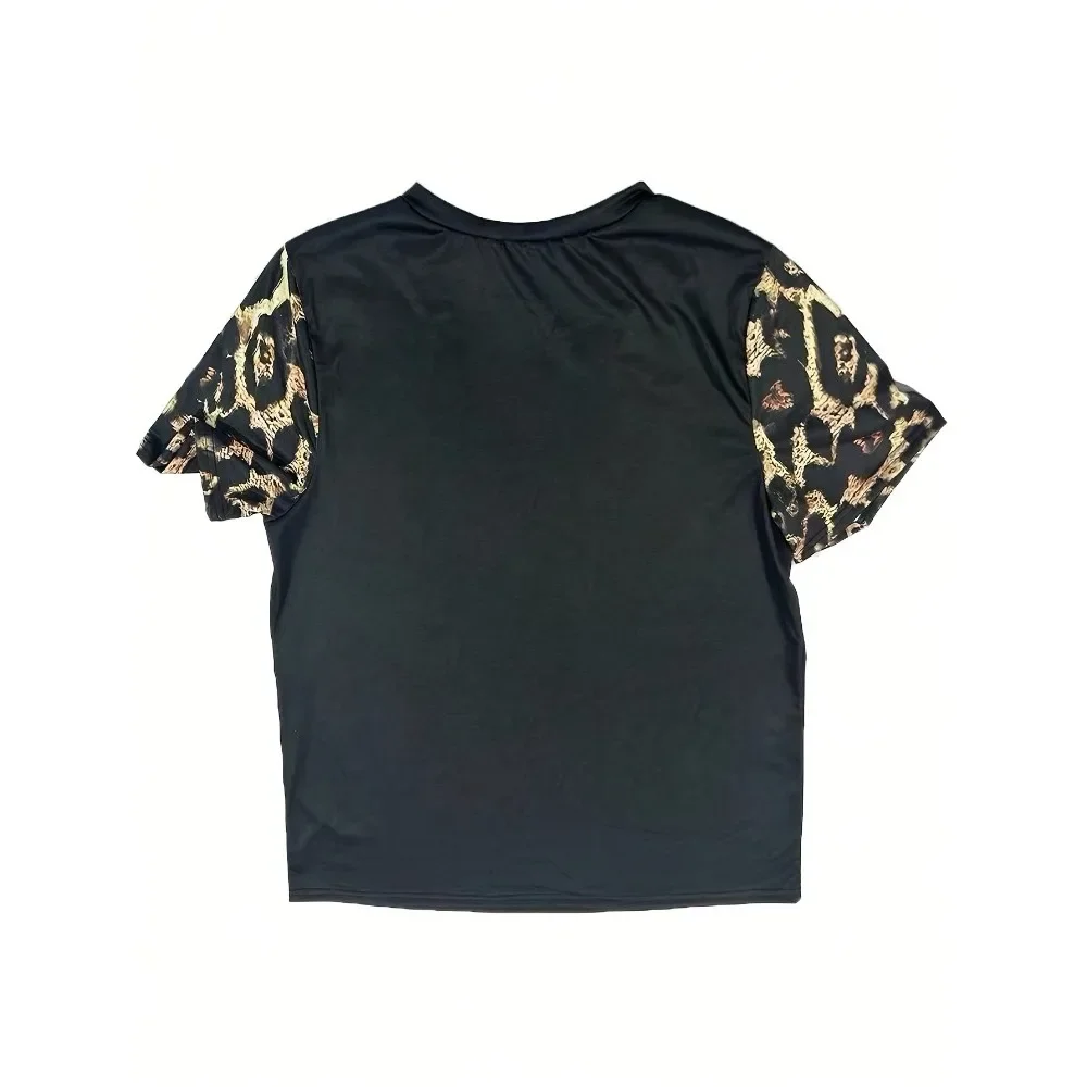 حجم كبير 1XL-5XL جديد المرأة قصيرة الأكمام اللون مطابقة ليوبارد تي شيرت مطبوع المرأة الخامس الرقبة اللون متقلب تي شيرت مطبوع #2