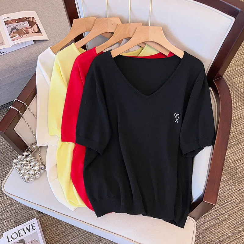 

170Kg Plus Size Women's Bust 160 Summer Loose Ice Silk Knitted Top V-neck Short Sleeve T-shirt Big 5XL 6XL 7XL 8XL 9XL 10XL