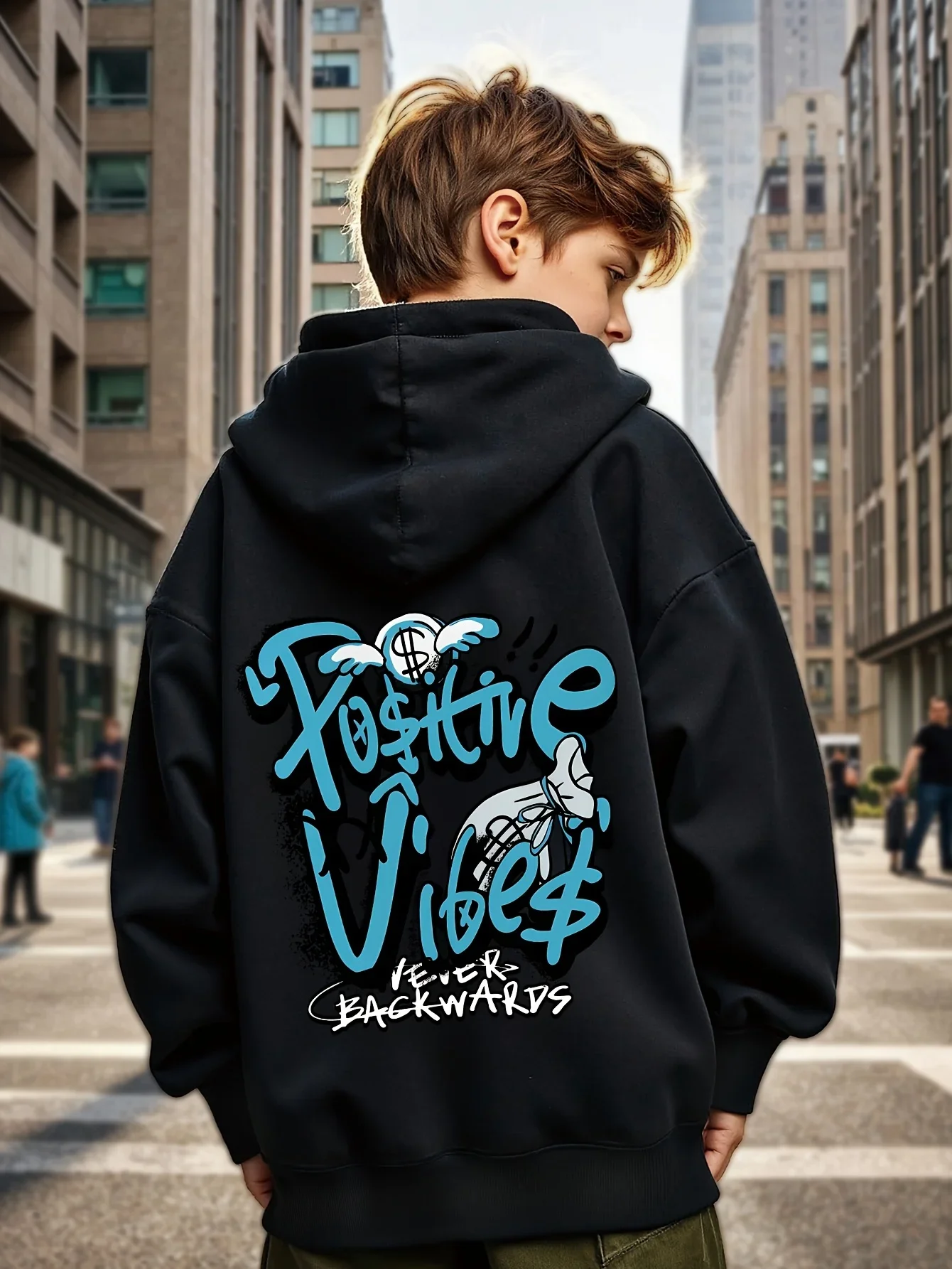 Korean Hot Boys Hoodie Hip Hop Graffiti Money Wing Print Unisex Children Hooded Sweatshirt