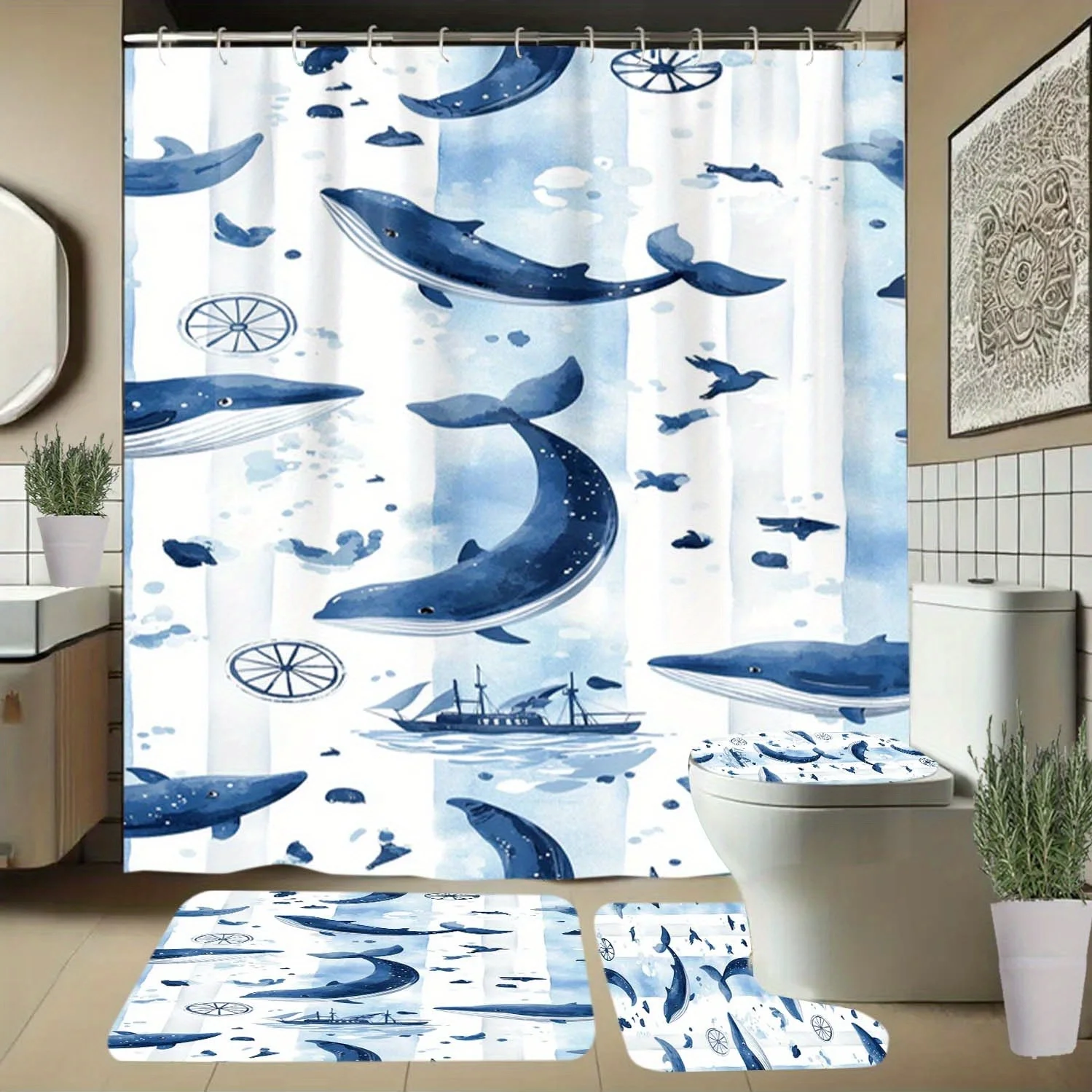 

4pcs Whale, Ship, Ocean Pattern Shower Curtain with Hooks, Bathroom Partition Curtain, Bathroom Accessories, Home Decor