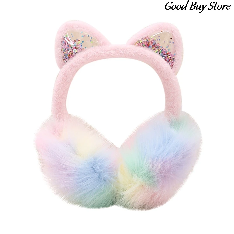 Winter Plush Earmuffs Shiny Sequins Earflaps Foldable Warm Ear Muffs Rainbow Color Outdoor Skiing Ear Protection Soft Furry