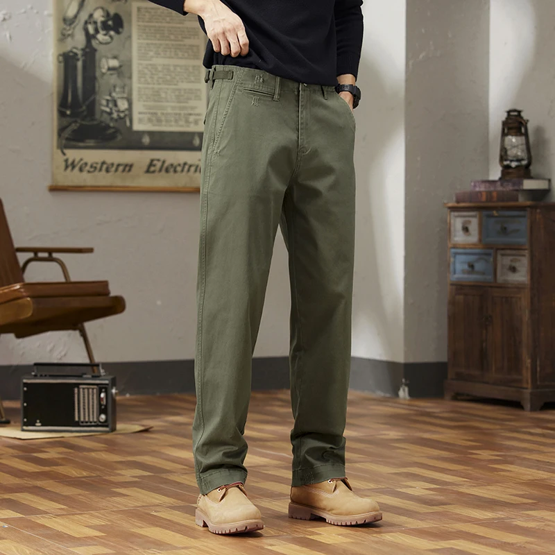 

Men's Casual Cotton Pants Autumn Winter Loose Straight Leg High Elastici Bussiness Mid Waist American Retro Workwear Trousers