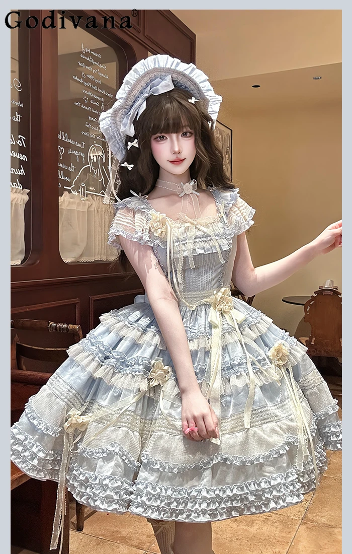 

Japanese Original New Lolita Sweet Girl OP Dress Short Sleeve Square Neck Lace Puff Dress Doll Style Student Versatile Dresses