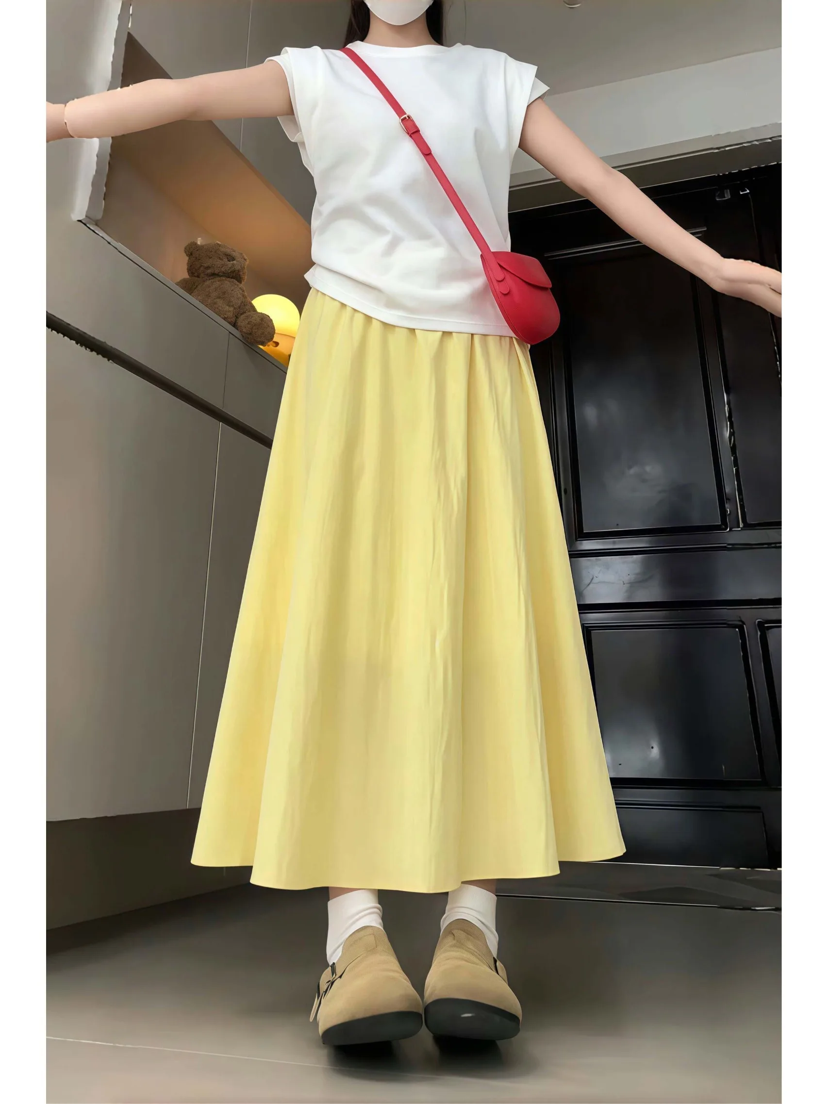 Yellow A-Line Midi Skirt Women's Summer 2026 New High Waist Slim Fit Gored Skirt Elegant Style Medium Length for Petite Ladies