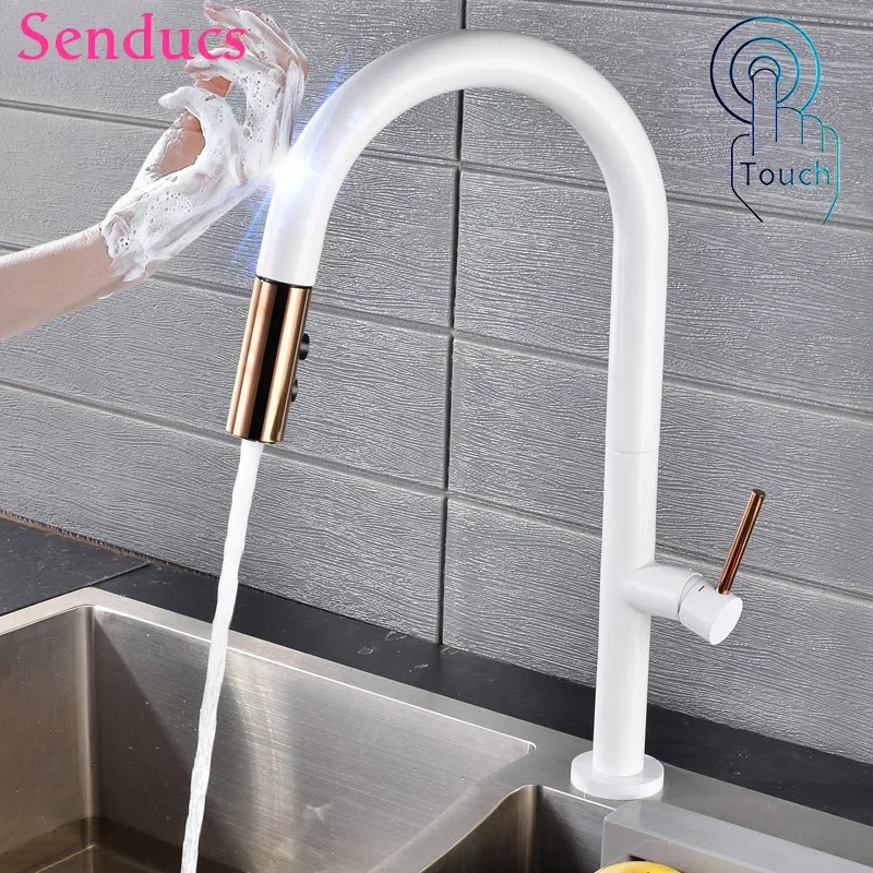 Touch Kichen Faucets with Pull Down Sprayer Hot Cold Kitchen Mixer Tap Deck Mounted White Gold Smart Sensor Kitchen Mixer Faucet