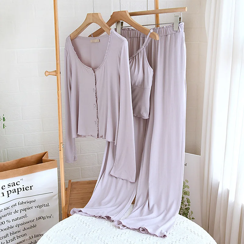 Sexy Cami Trousers Suit 3 Piece Set Modal Pajamas Solid Color Sleepwear Women Home Clothes Loungewear Female Autumn Nightgown