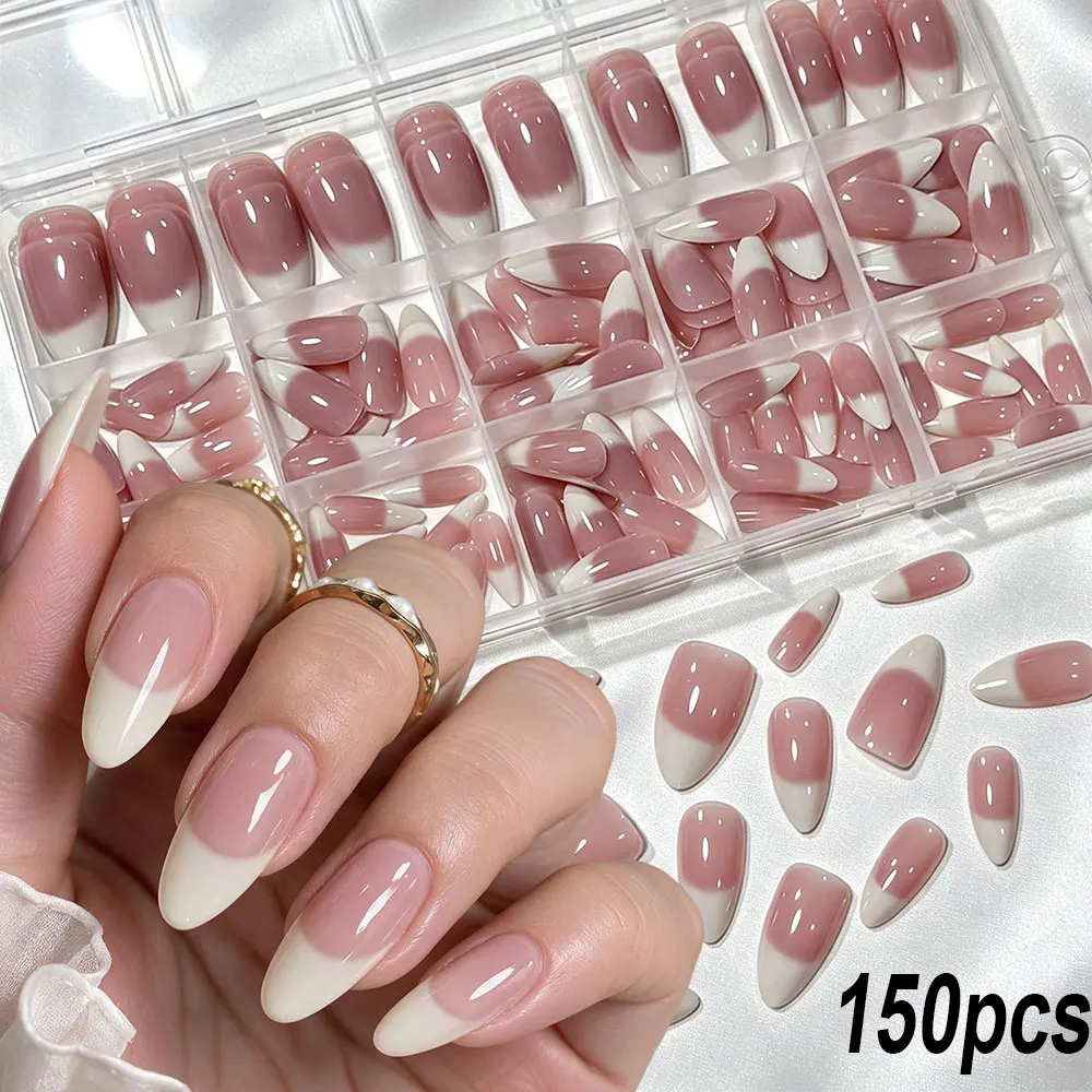 150pcs Nude Pink to White Ombre French Tip Press On Nails Glossy Medium Almond Gradient French Fake Nails Full Cover False Nails