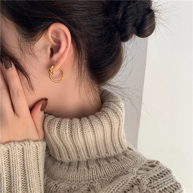 Gold Color Stainless Steel Earrings for Women Trendy Simple Twist Knotted Circle Hoop Earring Punk Hip Hop Jewelry Accessories