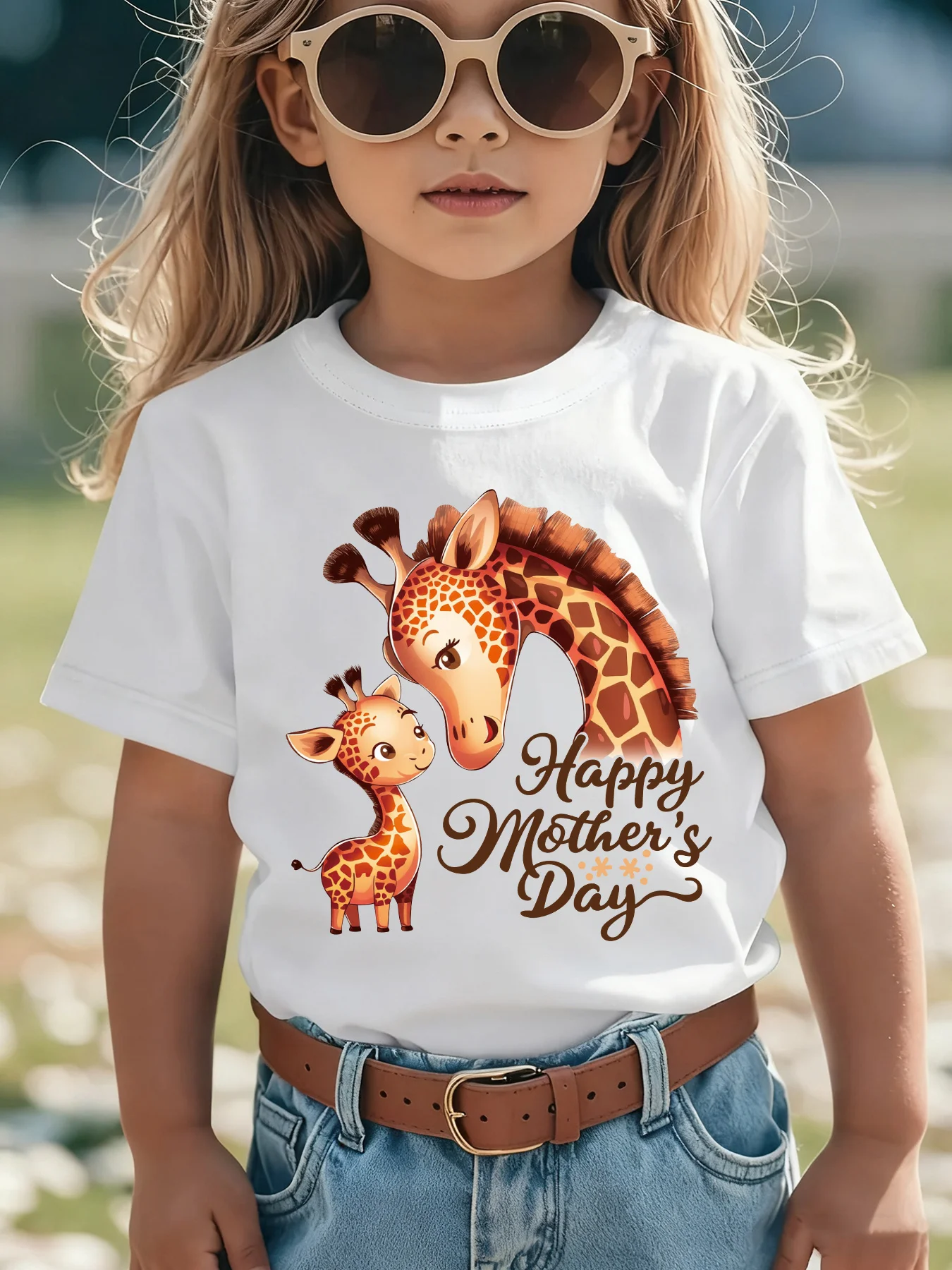 Happy Mothers Day Mom Baby Giraffe Cartoon Family Matching Cotton Tees Short Sleeve Tops For Mom Dad Boys Girls Daily Wear