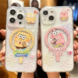 Cartoon Cute S-SpongeBobs  Magnetic Phone Case for iPhone 16 15 14 13 12 11 8 7 Plus Pro Max X XR XSMax Soft Clear Tpu