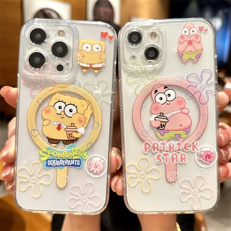 Cartoon Cute S-SpongeBobs Magsafe Magnetic Phone Case for iPhone 16 15 14 13 12 11 8 7 Plus Pro Max X XR XSMax Soft Clear Tpu