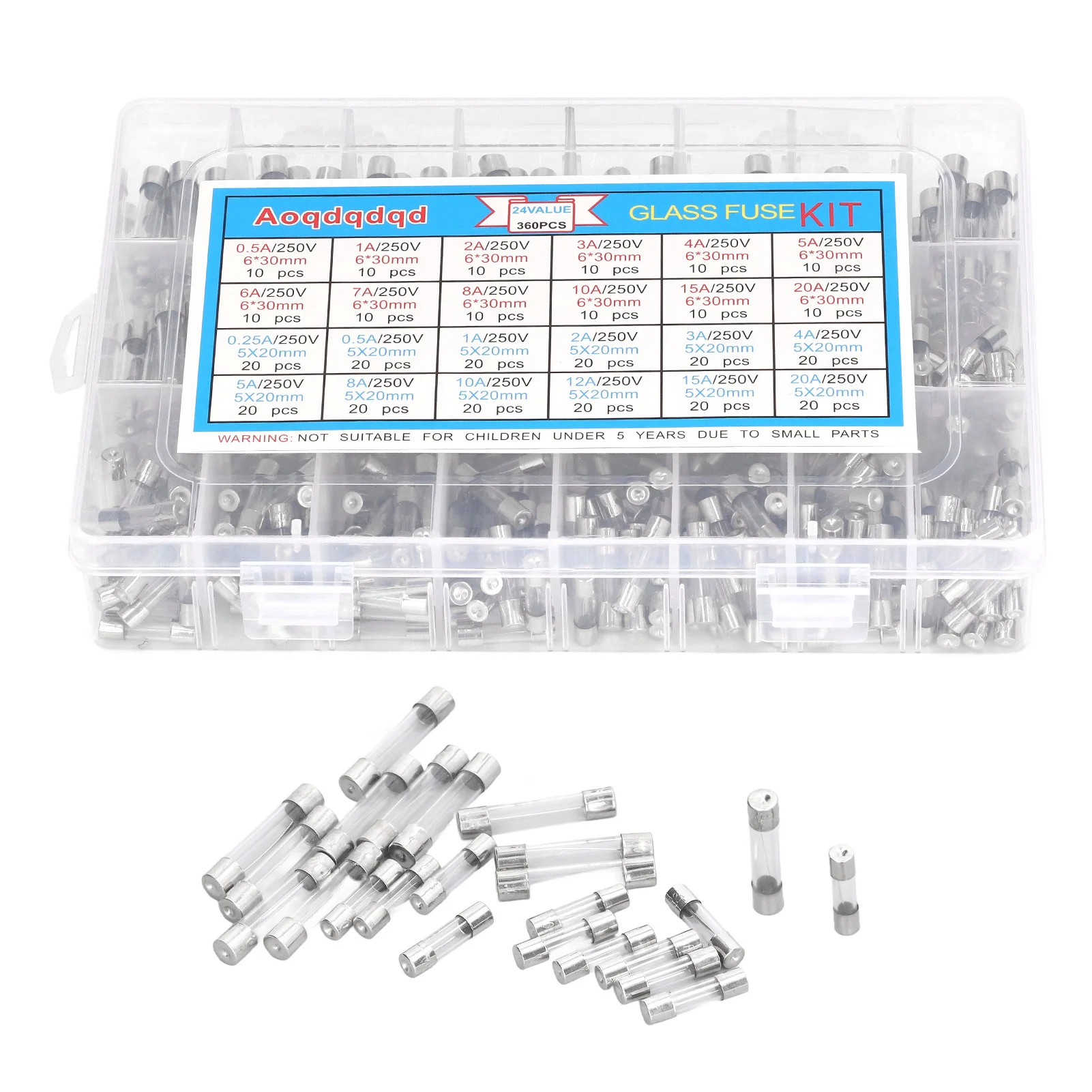 360Pcs Glass Fuse Tube 0.25A‑20A 24 Types 6x30mm 5x20mm Assortment Set Kit for Circuit Protection