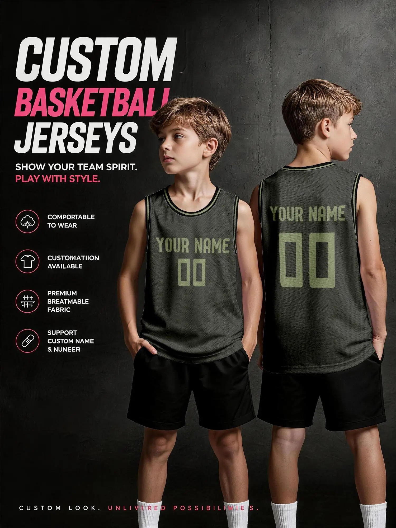 Army‑Green Light‑Green Trim Custom Basketball Jersey Set, Breathable Quick‑Dry Uniform for Kids Adults, Print Name Number