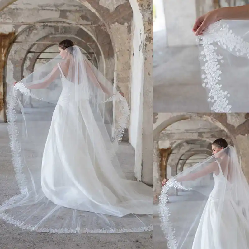 

Graceful Wedding Bridal Veils Women One-Layer Applique Edge Cathedral Veil Princess Bride Dress robes de soirée Customized