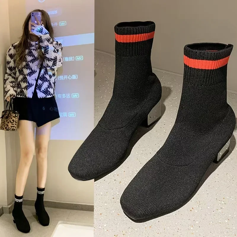 

Женские ботильоны с квадратным носком, эластичная обувь, удобные модельные носки на низком каблуке черного/леопардового цвета, женские размеры 35-40