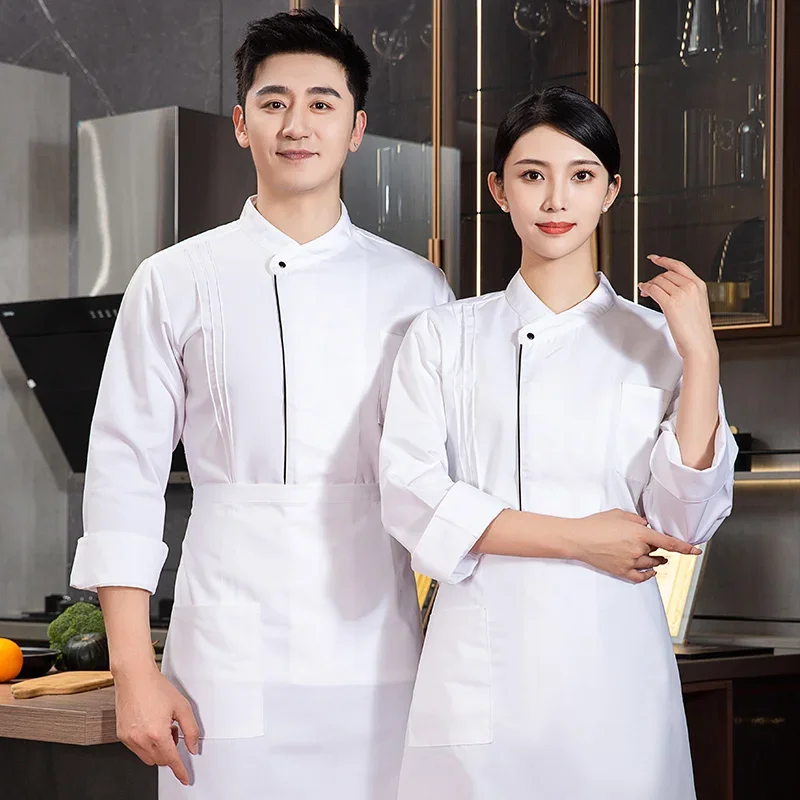 Uniforme de chef de restaurant à manches longues pour hommes, veste de chef noir avec tablier, manteau de chef cuisinier, uniforme de travail de cuisine, vêtements WaClaHotel