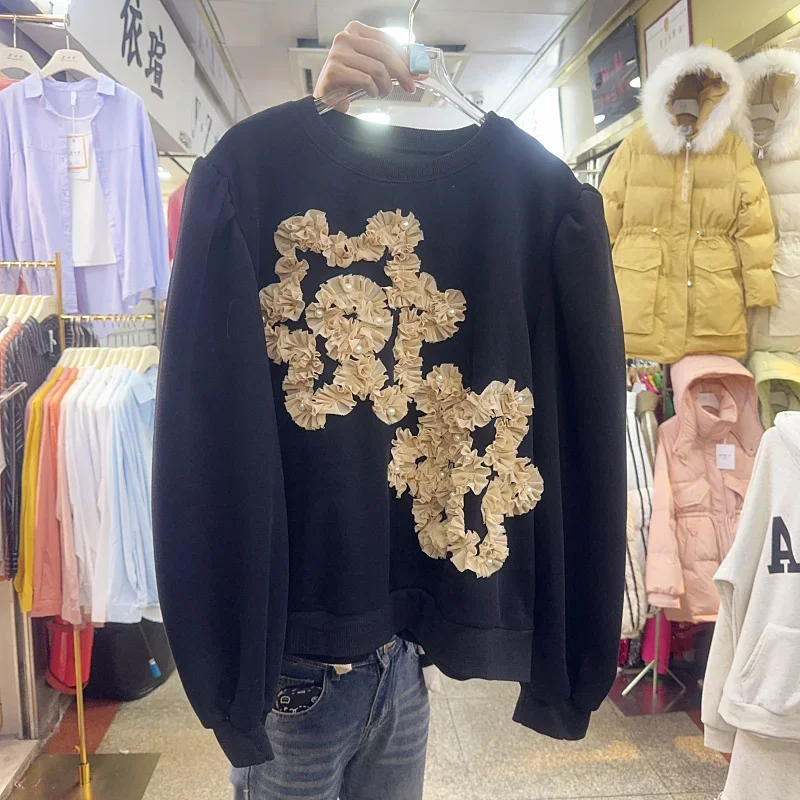 Nomikuma Korea 2023 Winter New Fashion Nail Bead Lace Flower Fleece Sweatshirt for Women Pullover Top Jumper Female