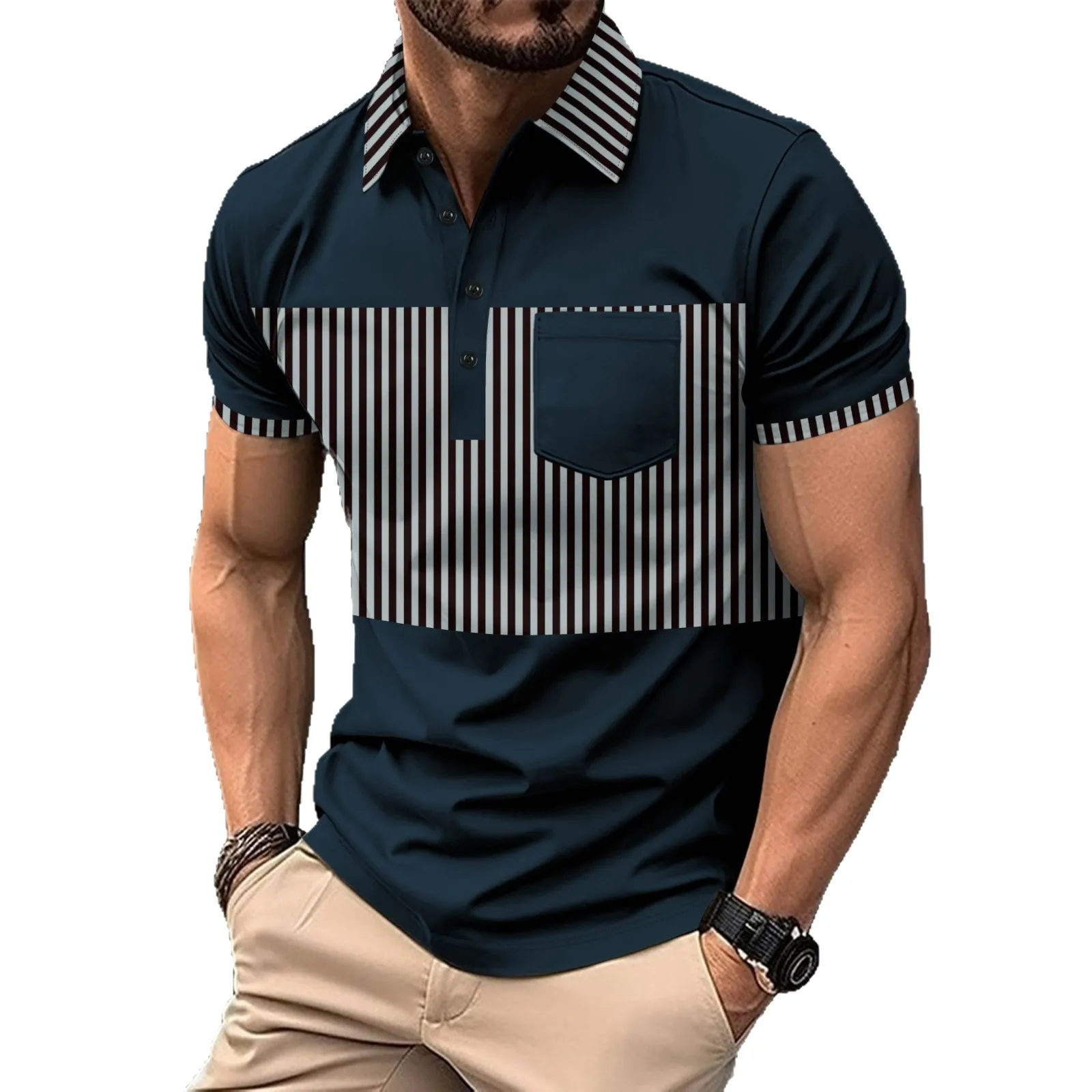2025 New Men's Casual Polo Shirt with Pocket Buttons, Long Placket, Lapel, Striped Color Combination T-shirt