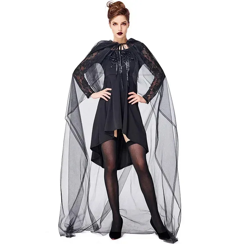 أسود القوطية الساحرة زي شبح العروس تأثيري للنساء هالوين بوريم ملابس تنكرية للحفلات فستان بتصميم حالم عباءة طويلة #4
