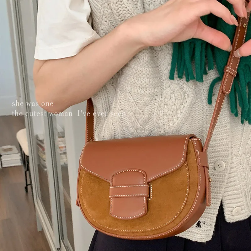

Retro Splicing Women Saddle Bag Creative Contrast Color Design Casual Commuter Mobile Phone Bag Suede Shoulder Bag Messenger Bag